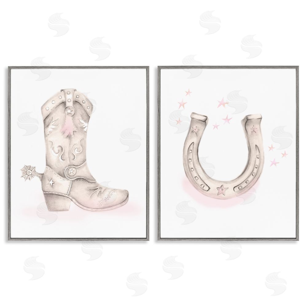 Studio Q Cowboy Boot Pink Stars Horseshoe Gray Framed Giclee Wall Art Print