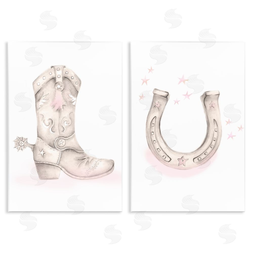 Studio Q Cowboy Boot Pink Stars Horseshoe Wooden Wall Plaque Art Print