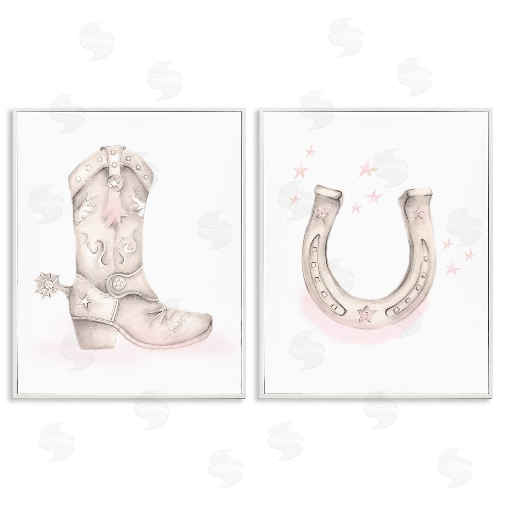 Studio Q Cowboy Boot Pink Stars Horseshoe White Framed Giclee Wall Art Print