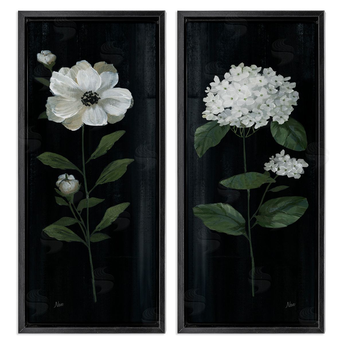 Delicate White Flower Sprigs Black Floating Frame Canvas Wall Art, Home Decor by Nan