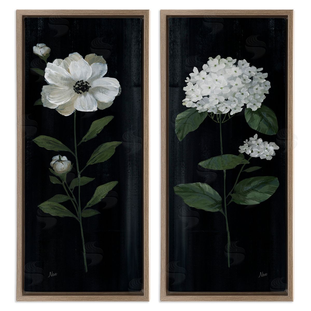 Delicate White Flower Sprigs Brown Floating Frame Canvas Wall Art, Home Decor by Nan