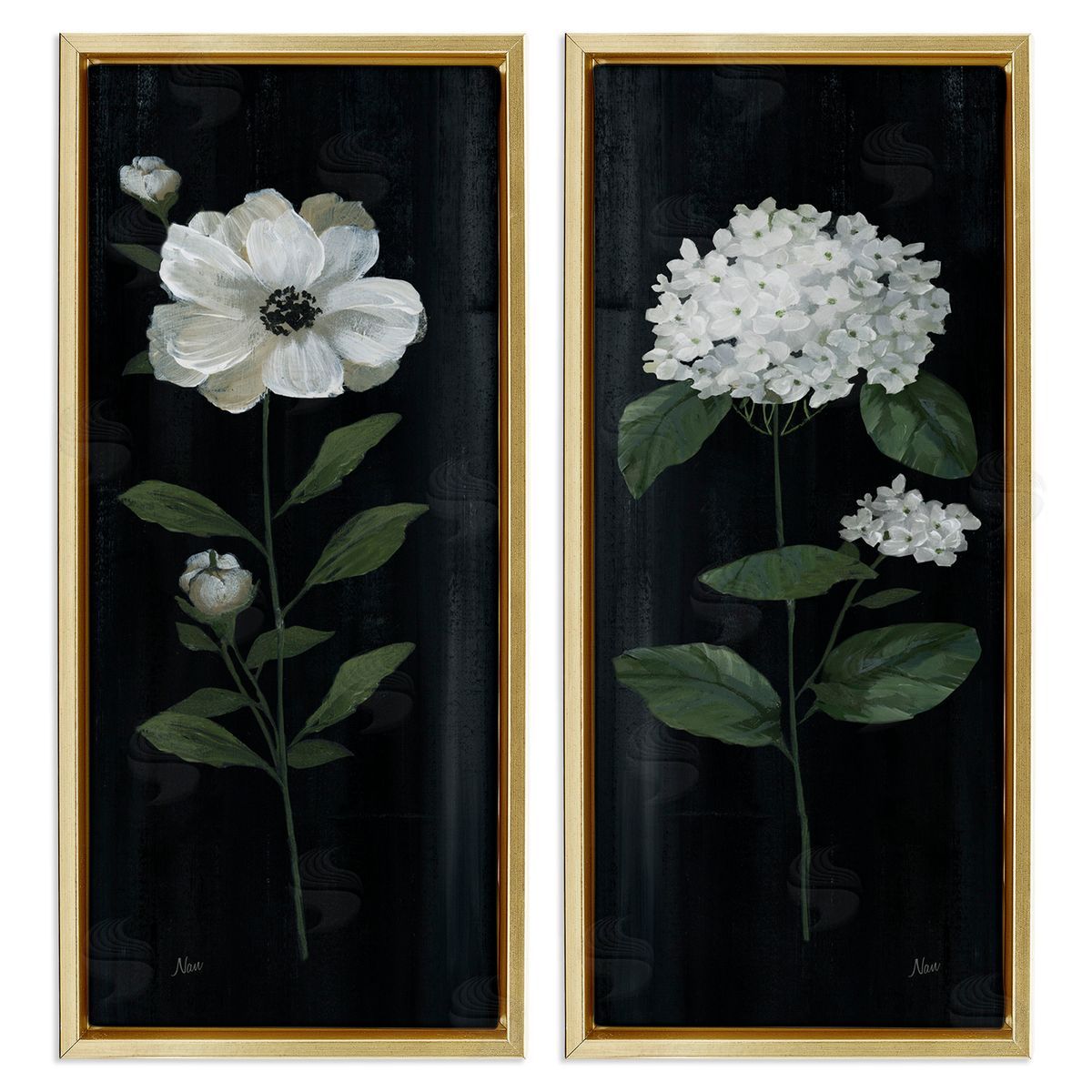 Delicate White Flower Sprigs Gold Floating Frame Canvas Wall Art, Home Decor by Nan