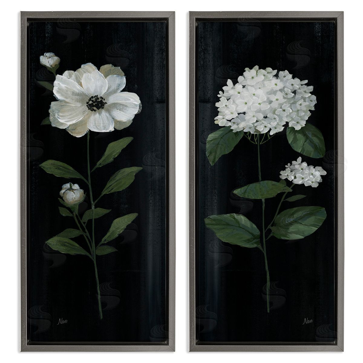 Delicate White Flower Sprigs Grey Floating Frame Canvas Wall Art, Home Decor by Nan