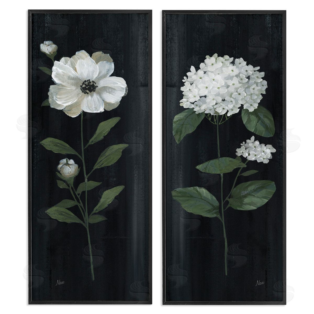 Delicate White Flower Sprigs Black Frame Print Wall Art, Home Decor by Nan
