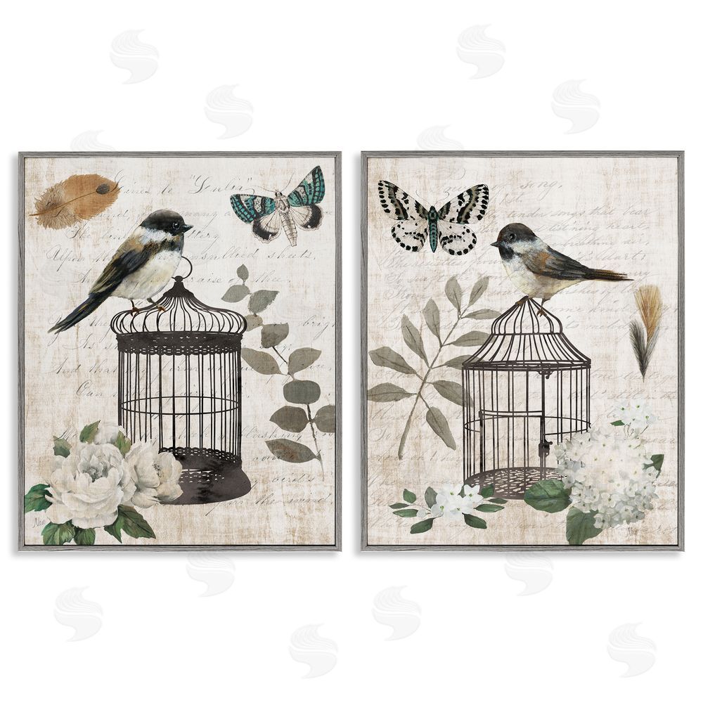 Nan Vintage Bird Cage with Timeless Cursive Gray Framed Giclee Wall Art Print