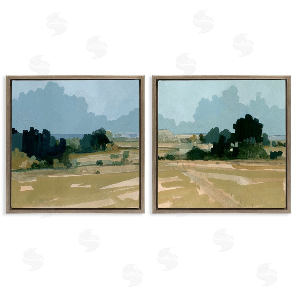 Emma Caroline Peaceful Rural Scene Distant Farmland Brown Floating Frame Canvas Wall Art Print