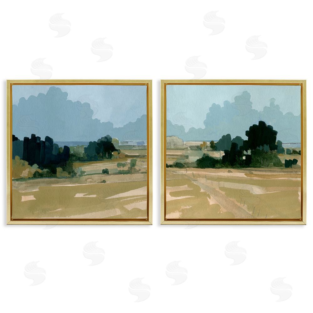 Emma Caroline Peaceful Rural Scene Distant Farmland Gold Floating Frame Canvas Wall Art Print