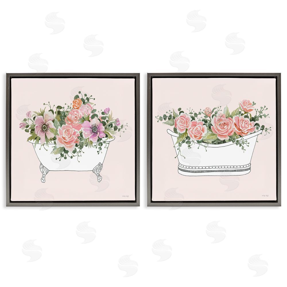 Cindy Jacobs Pink Floral Rose Blooms Bathtub Botanicals Gray Floating Frame Canvas Wall Art Print