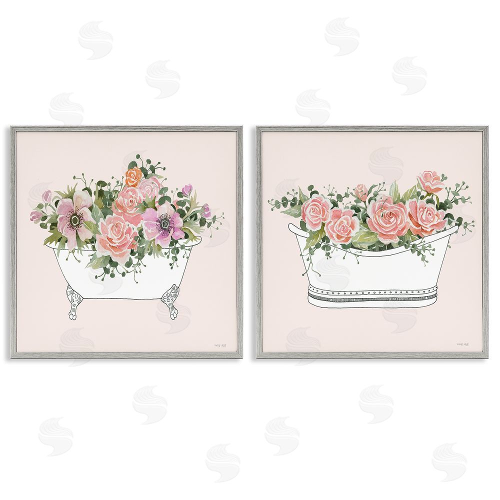Cindy Jacobs Pink Floral Rose Blooms Bathtub Botanicals Gray Framed Giclee Wall Art Print