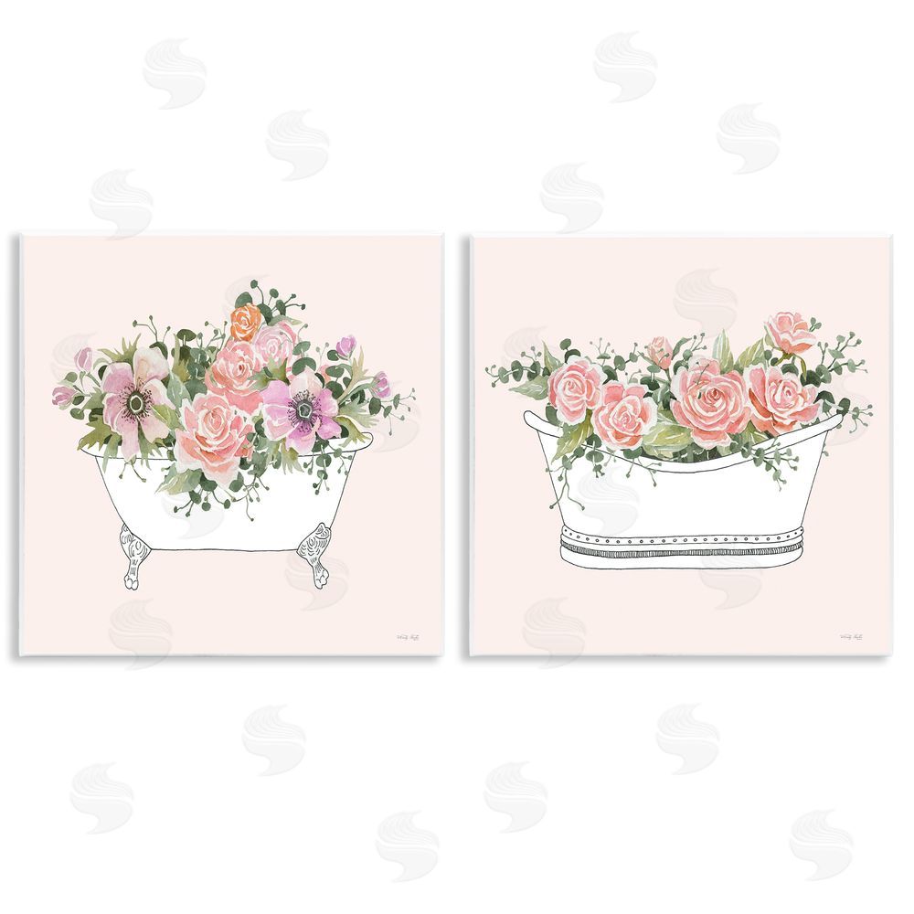 Cindy Jacobs Pink Floral Rose Blooms Bathtub Botanicals Wooden Wall Plaque Art Print