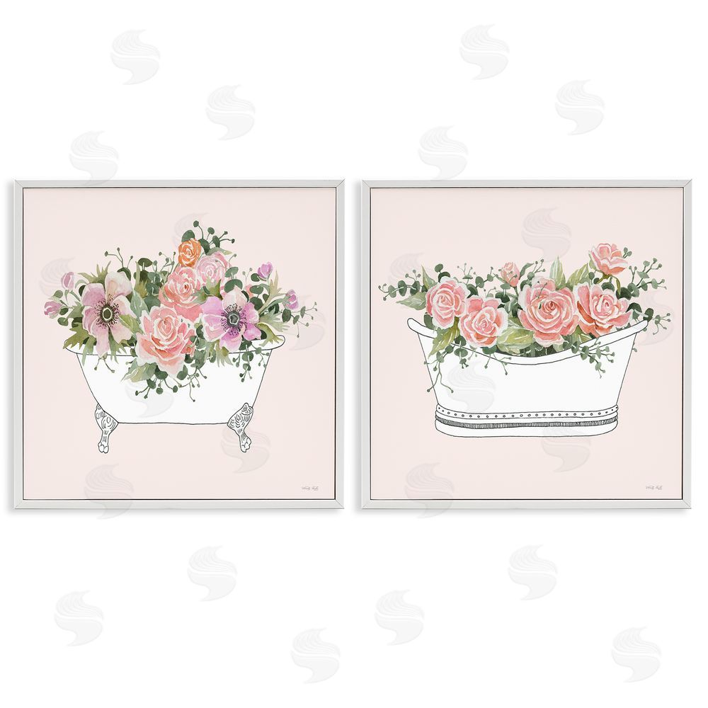 Cindy Jacobs Pink Floral Rose Blooms Bathtub Botanicals White Framed Giclee Wall Art Print