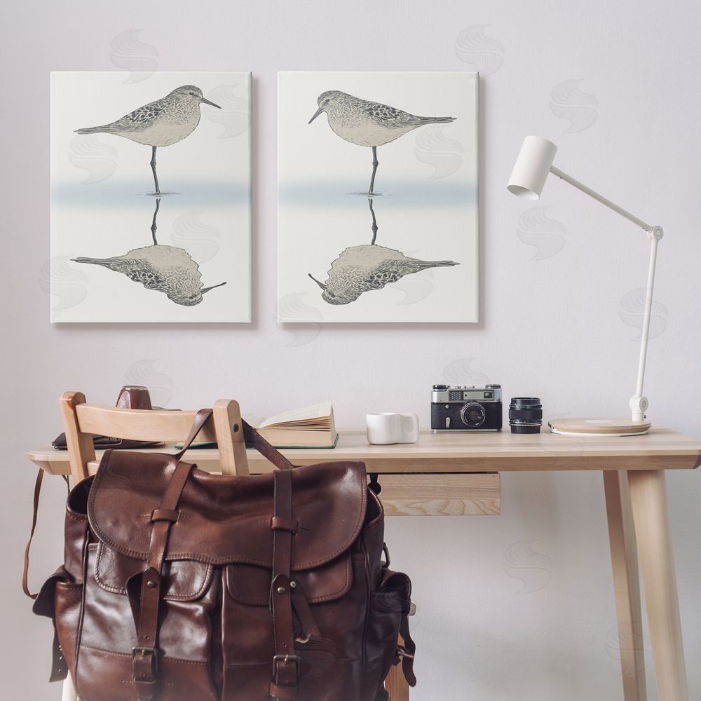 Ziwei Li Tranquil Sandpiper Reflection Nautical Bird Canvas Wall Art Print in Room
