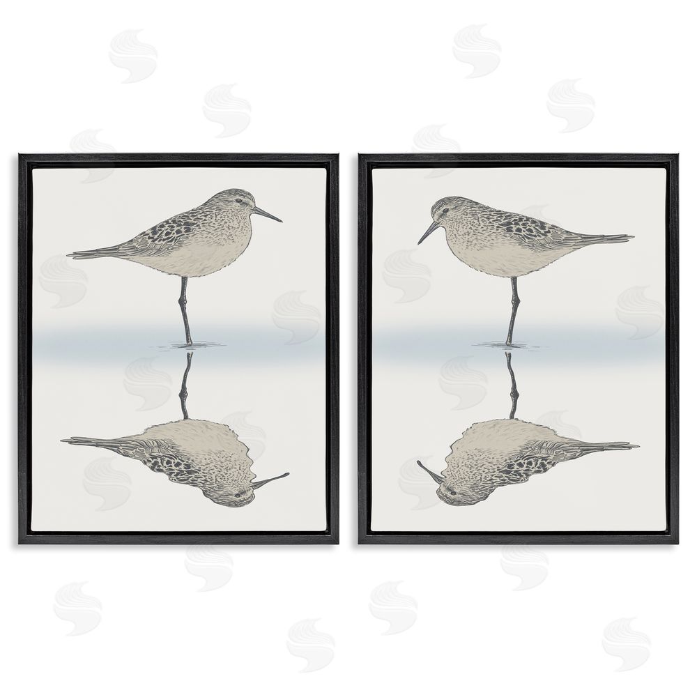 Ziwei Li Tranquil Sandpiper Reflection Nautical Bird Black Floating Frame Canvas Wall Art Print