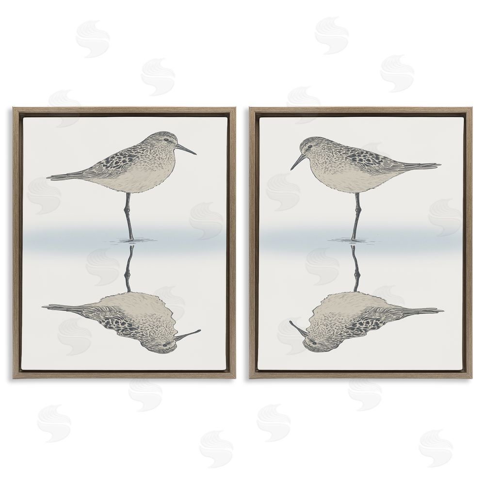 Ziwei Li Tranquil Sandpiper Reflection Nautical Bird Brown Floating Frame Canvas Wall Art Print