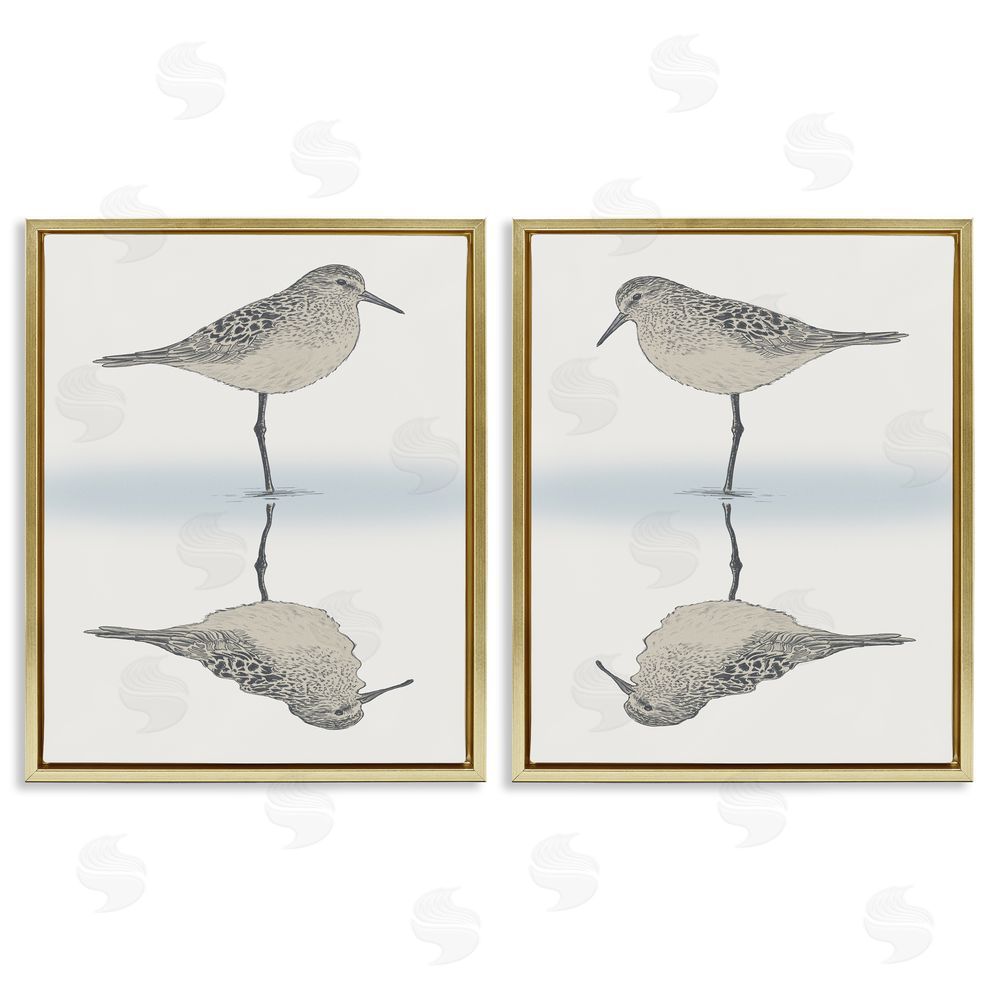 Ziwei Li Tranquil Sandpiper Reflection Nautical Bird Gold Floating Frame Canvas Wall Art Print