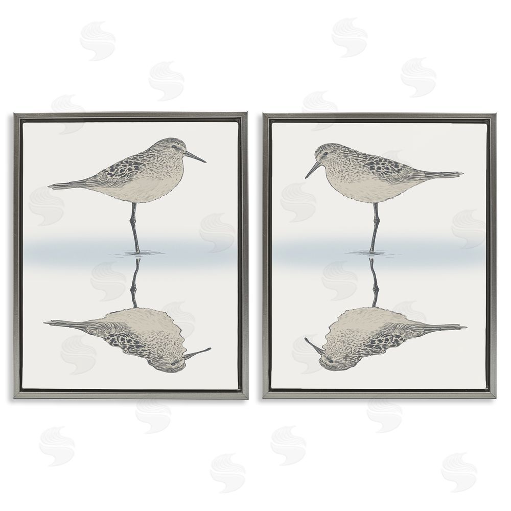 Ziwei Li Tranquil Sandpiper Reflection Nautical Bird Gray Floating Frame Canvas Wall Art Print