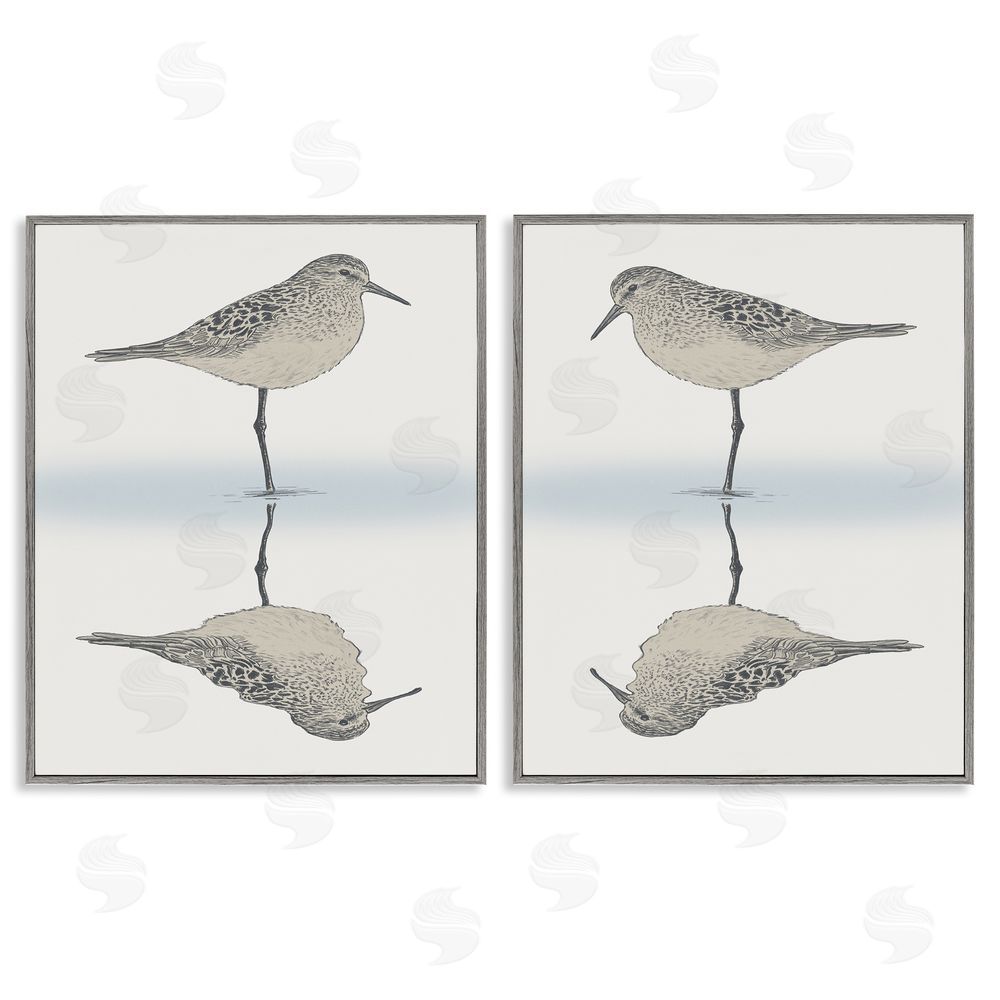 Ziwei Li Tranquil Sandpiper Reflection Nautical Bird Gray Framed Giclee Wall Art Print