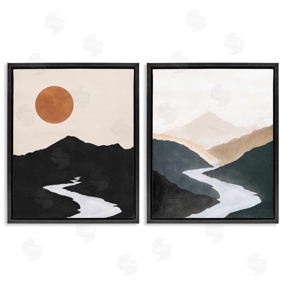 JJ Design House LLC River Flowing Into Distance Mountain Black Floating Frame Canvas Wall Art Print
