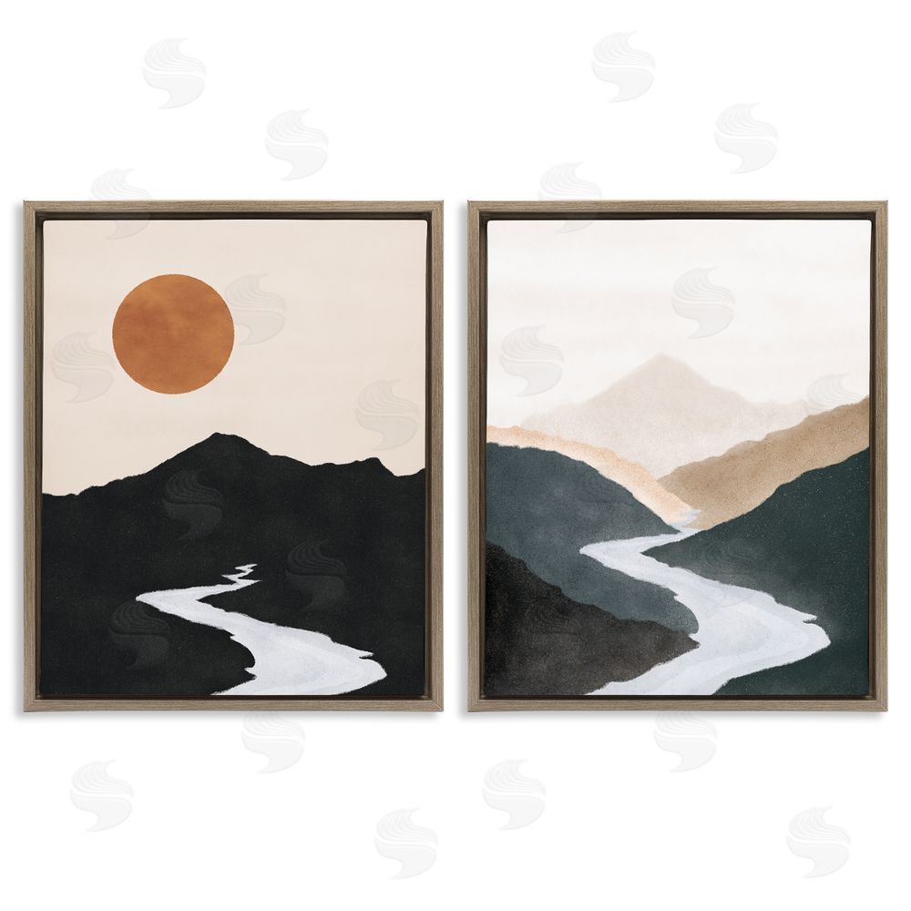 JJ Design House LLC River Flowing Into Distance Mountain Brown Floating Frame Canvas Wall Art Print