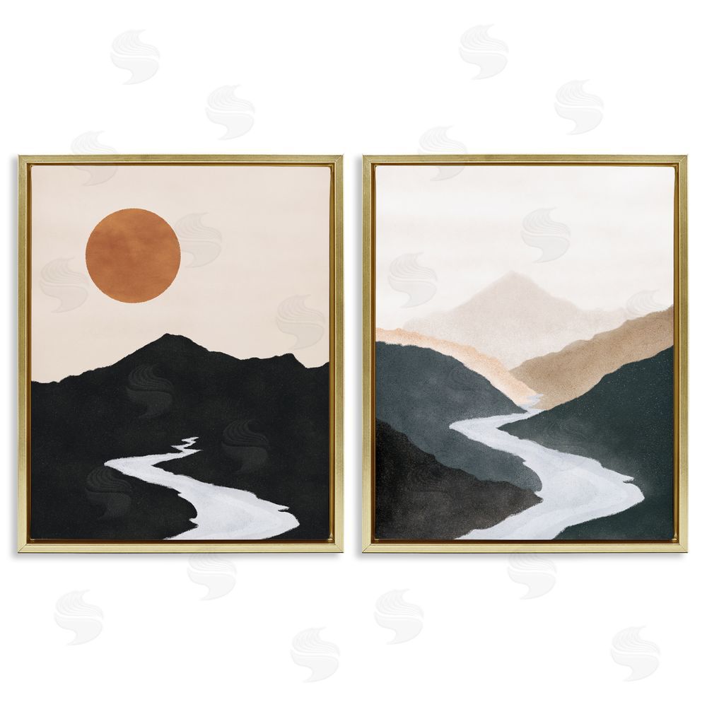 JJ Design House LLC River Flowing Into Distance Mountain Gold Floating Frame Canvas Wall Art Print