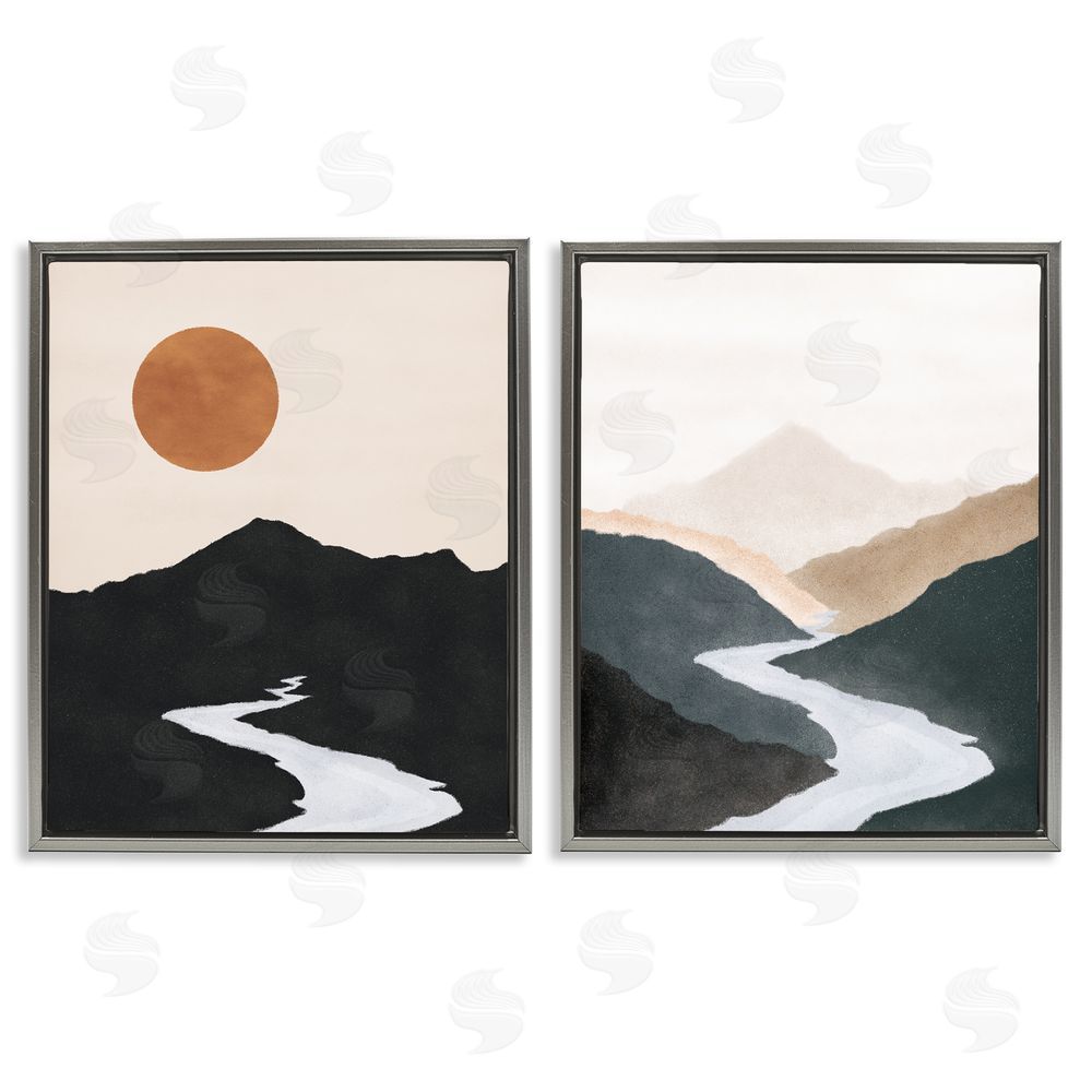 JJ Design House LLC River Flowing Into Distance Mountain Gray Floating Frame Canvas Wall Art Print