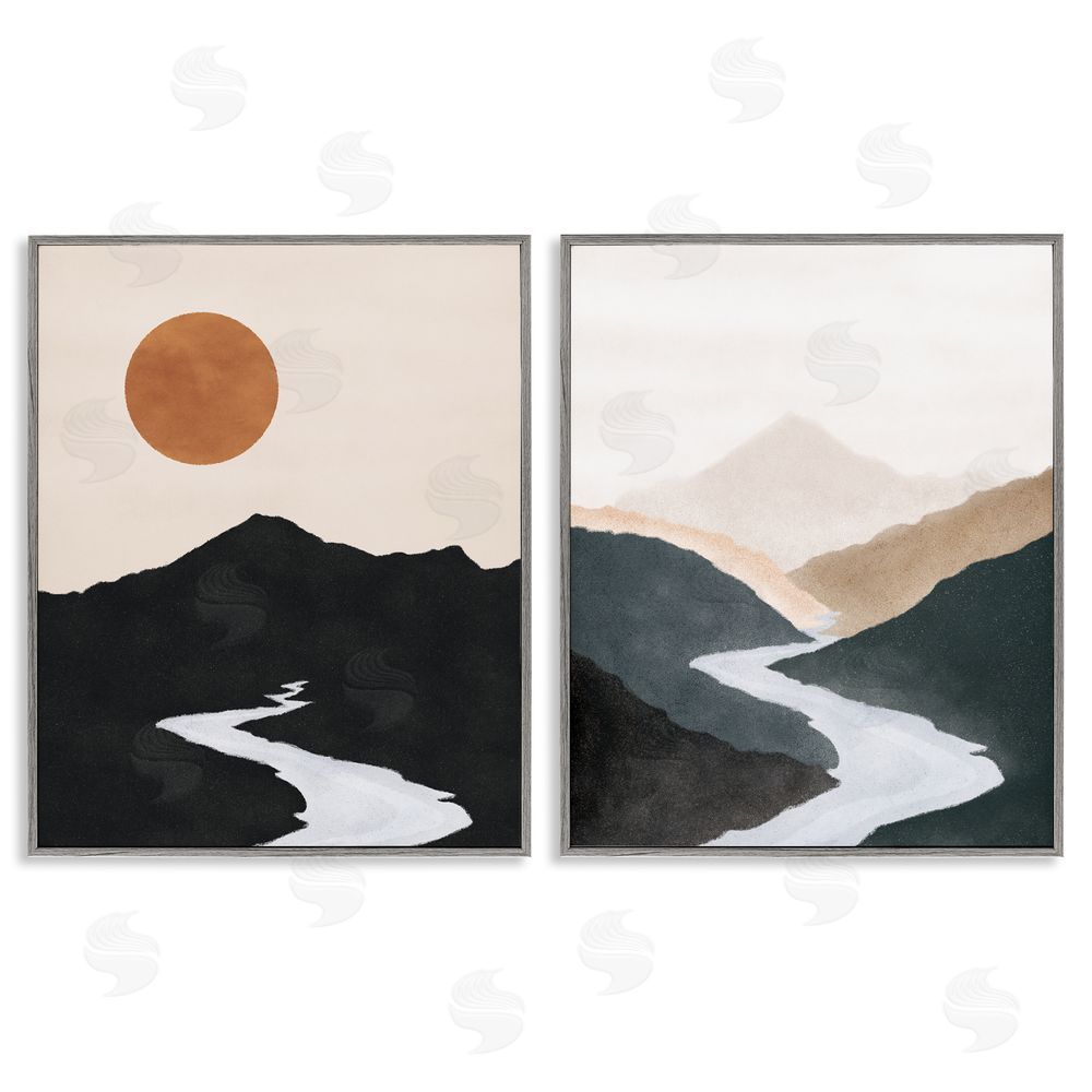 JJ Design House LLC River Flowing Into Distance Mountain Gray Framed Giclee Wall Art Print
