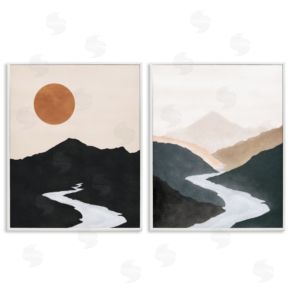 JJ Design House LLC River Flowing Into Distance Mountain White Framed Giclee Wall Art Print
