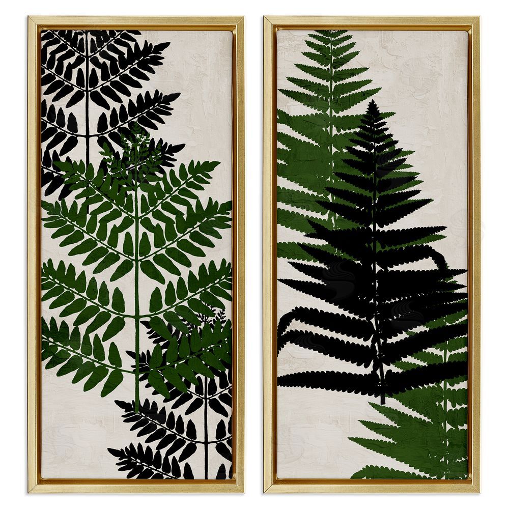 Kim Allen Bold Layered Fern Leaves Modern Sprigs  Gold Floating Frame Canvas Wall Art Print