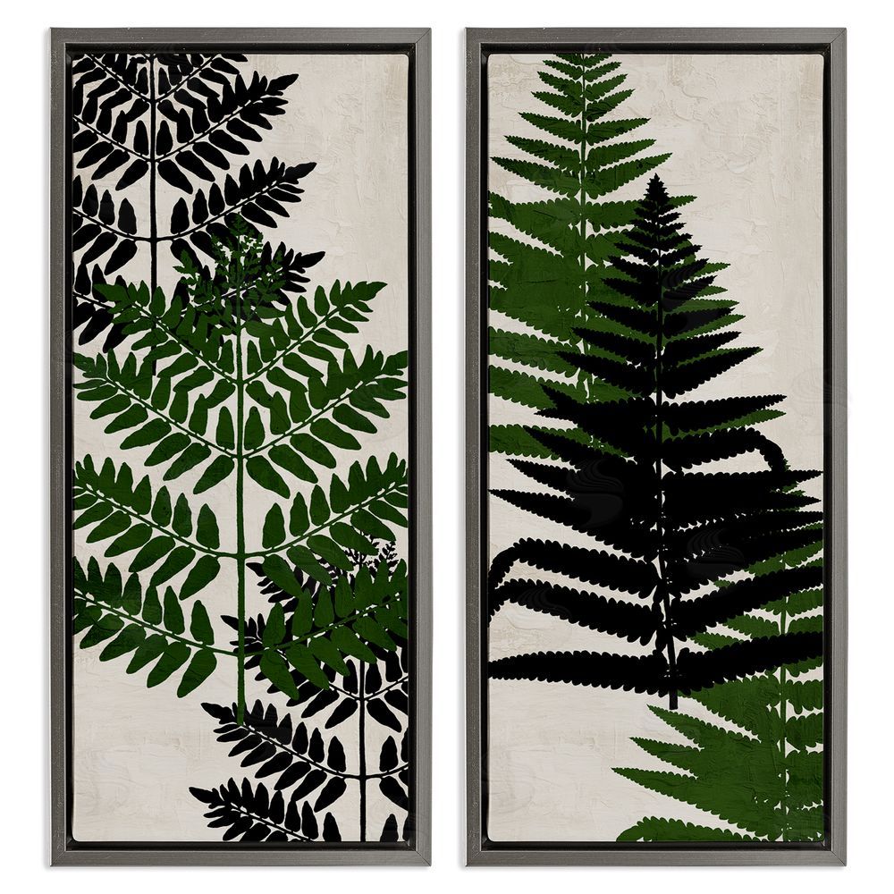 Kim Allen Bold Layered Fern Leaves Modern Sprigs  Gray Floating Frame Canvas Wall Art Print