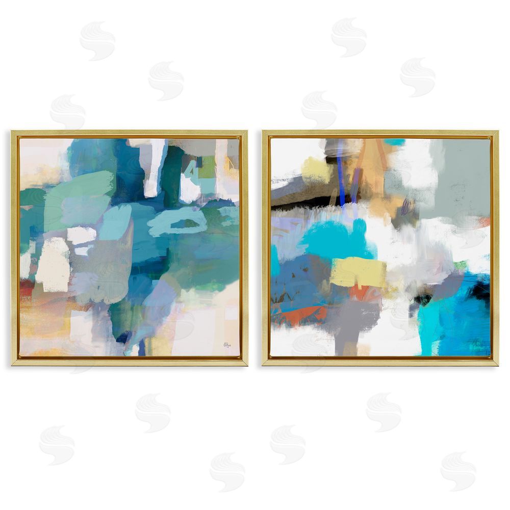 Lisa Ridgers Modern Blocked Brush Strokes Collage Gold Floating Frame Canvas Wall Art Print