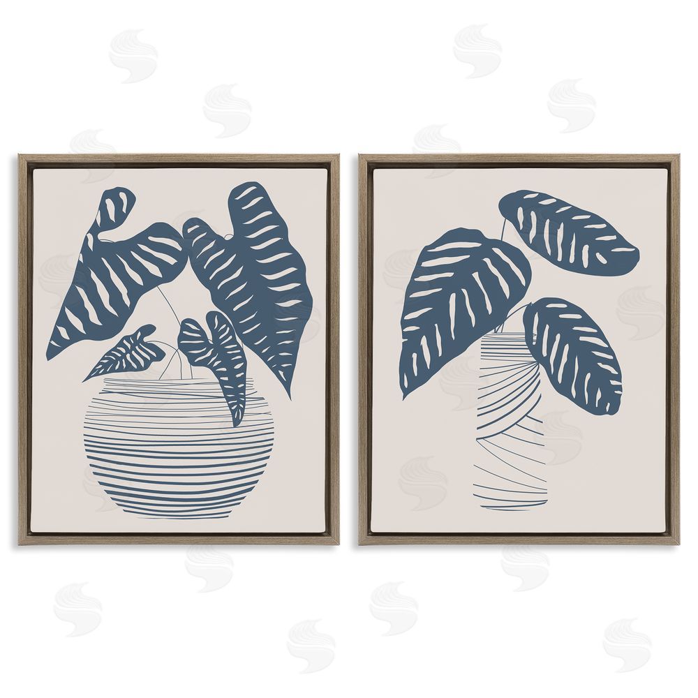 Daniela Santiago Neat Potted Plant Leaves Minimal Striped Vases Brown Floating Frame Canvas Wall Art Print