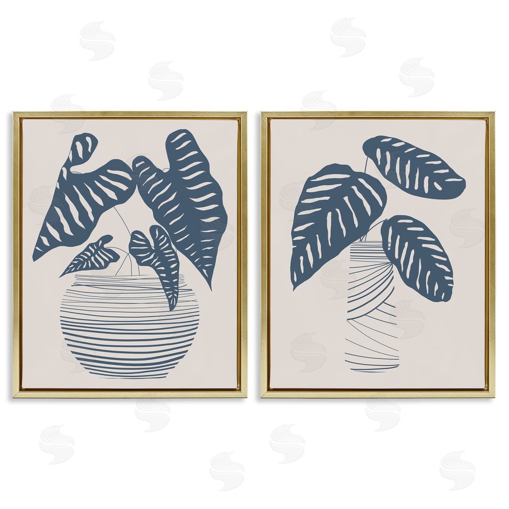 Daniela Santiago Neat Potted Plant Leaves Minimal Striped Vases Gold Floating Frame Canvas Wall Art Print