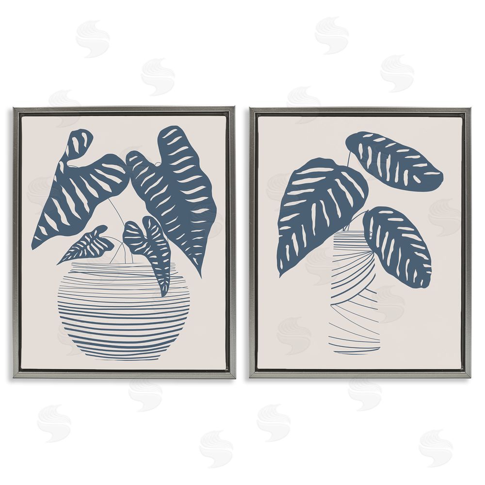 Daniela Santiago Neat Potted Plant Leaves Minimal Striped Vases Gray Floating Frame Canvas Wall Art Print