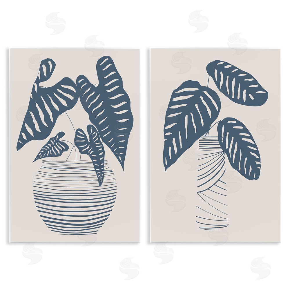 Daniela Santiago Neat Potted Plant Leaves Minimal Striped Vases Wooden Wall Plaque Art Print