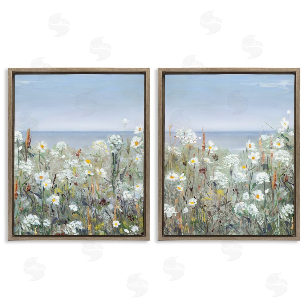 Sally Swatland Beachside Wild Flowers Blooming Scene Brown Floating Frame Canvas Wall Art Print