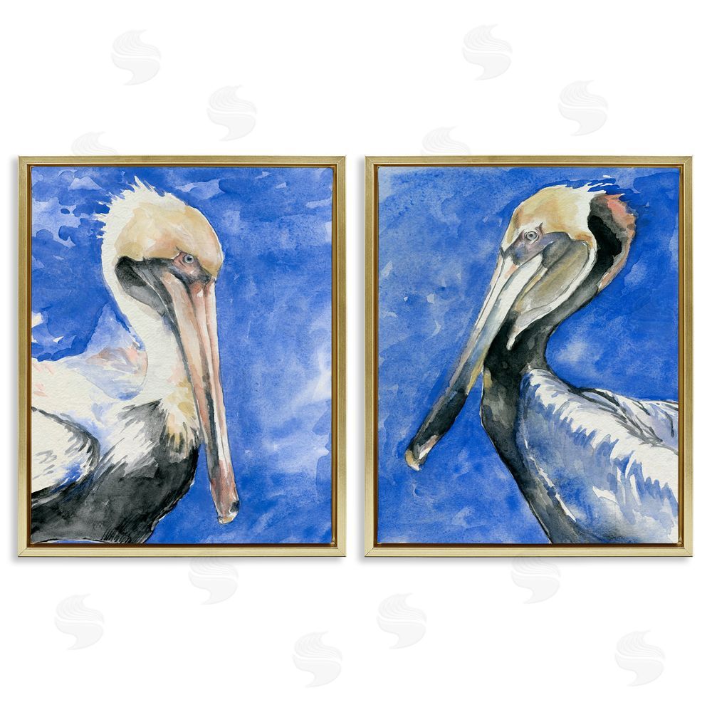 Jennifer Paxton Parker Nautical Pelican Birds Portrait Nature Gold Floating Frame Canvas Wall Art Print