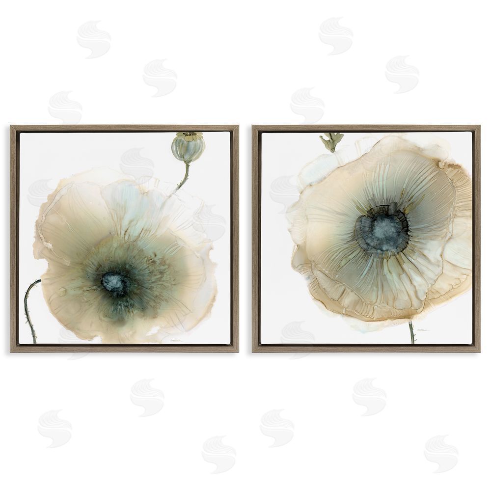 Carol Robinson Poppy Flowers Modern Watercolor  Brown Floating Frame Canvas Wall Art Print