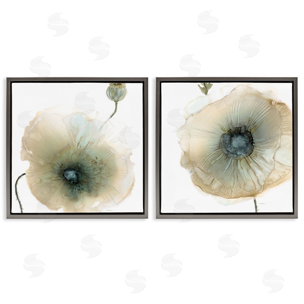 Carol Robinson Poppy Flowers Modern Watercolor  Gray Floating Frame Canvas Wall Art Print