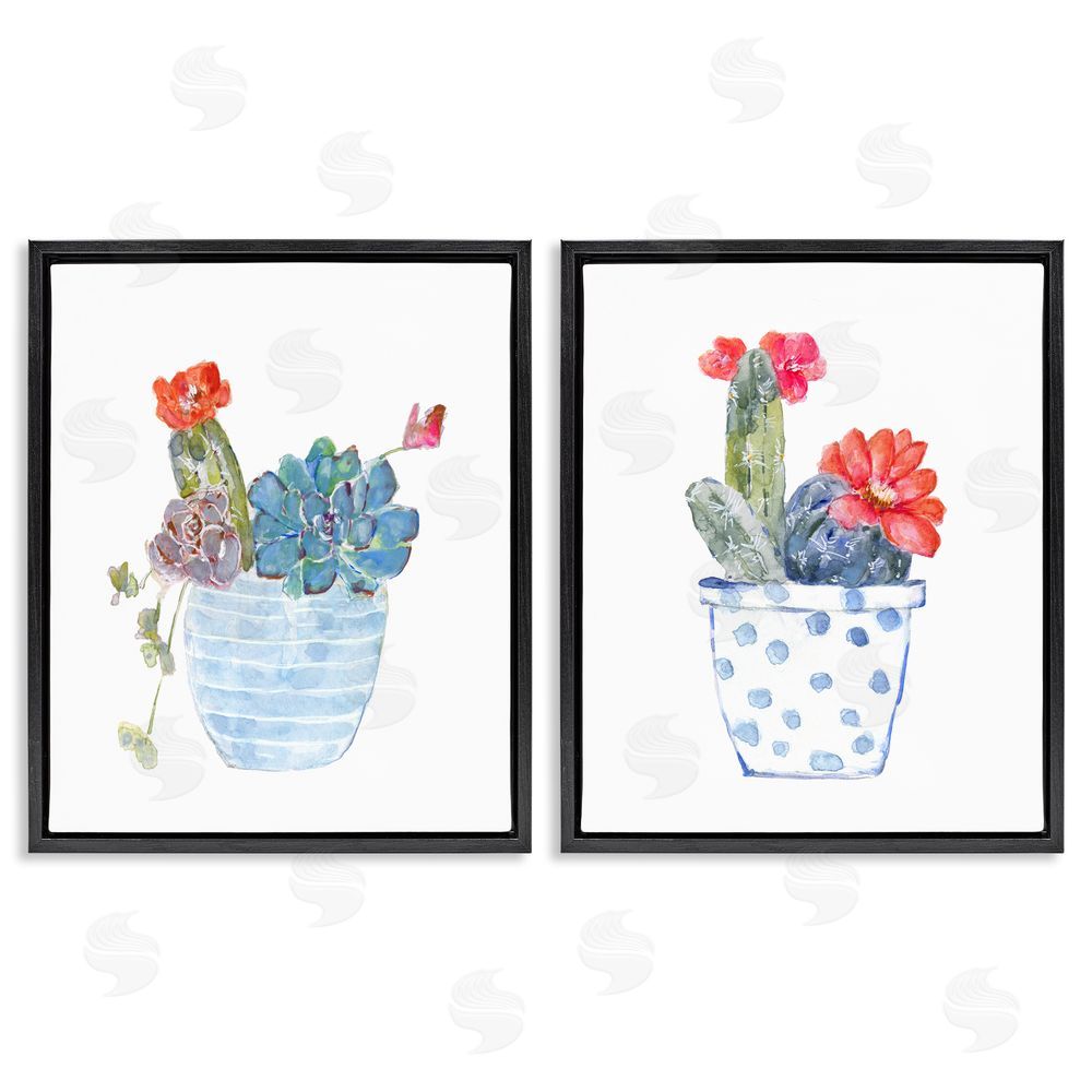 Sally Swatland Vivid Cactus Blossoms Potted Black Floating Frame Canvas Wall Art Print
