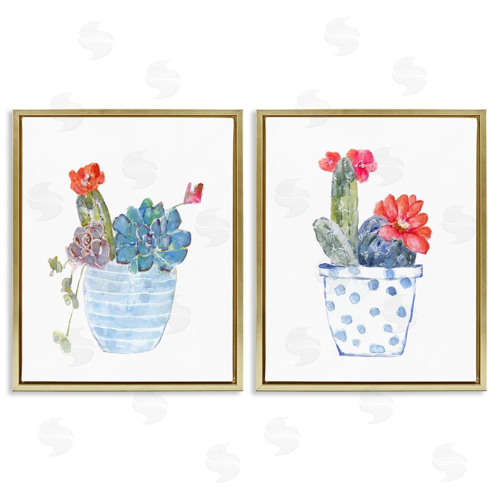 Sally Swatland Vivid Cactus Blossoms Potted Gold Floating Frame Canvas Wall Art Print