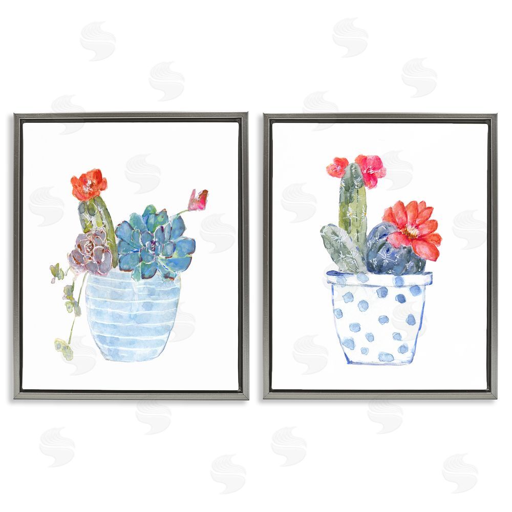 Sally Swatland Vivid Cactus Blossoms Potted Gray Floating Frame Canvas Wall Art Print