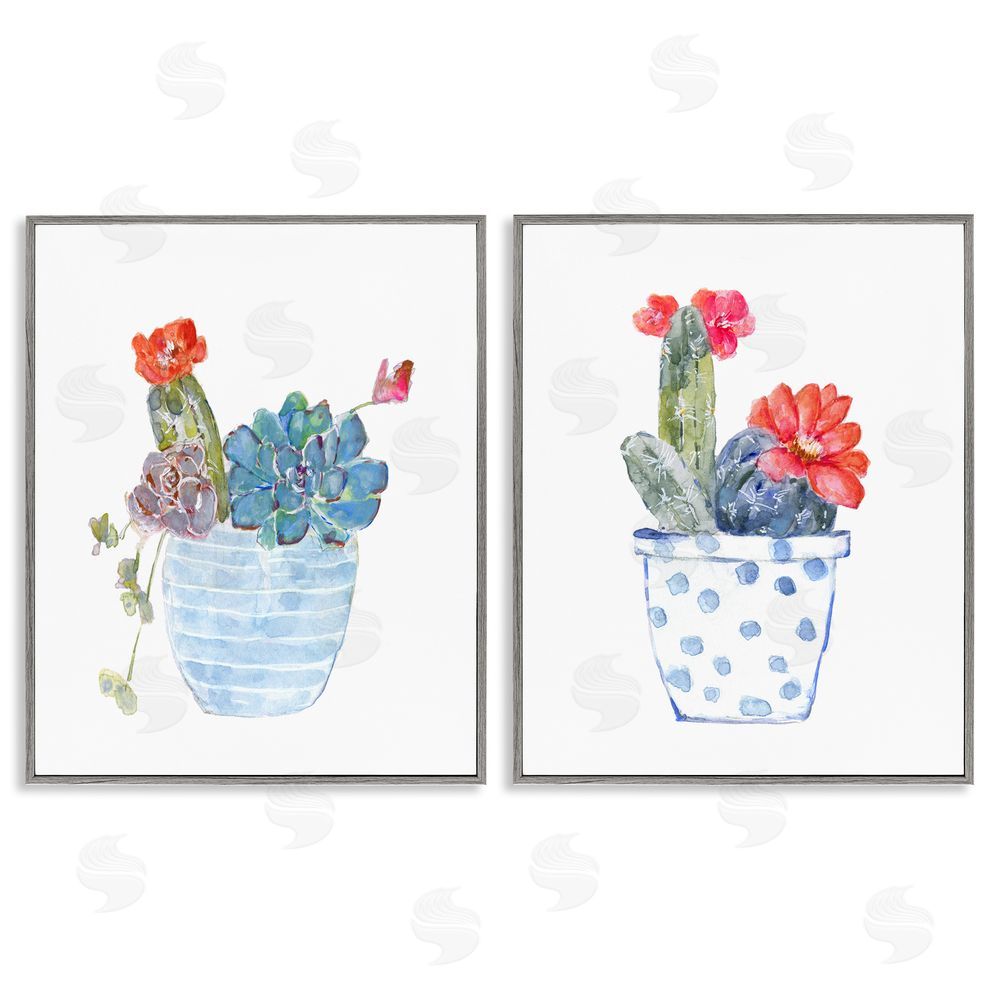 Sally Swatland Vivid Cactus Blossoms Potted Gray Framed Giclee Wall Art Print