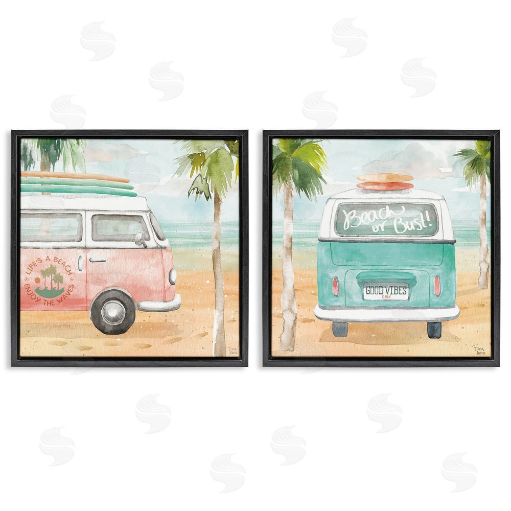 Dina June Tropical Beach Vacation Van Black Floating Frame Canvas Wall Art Print