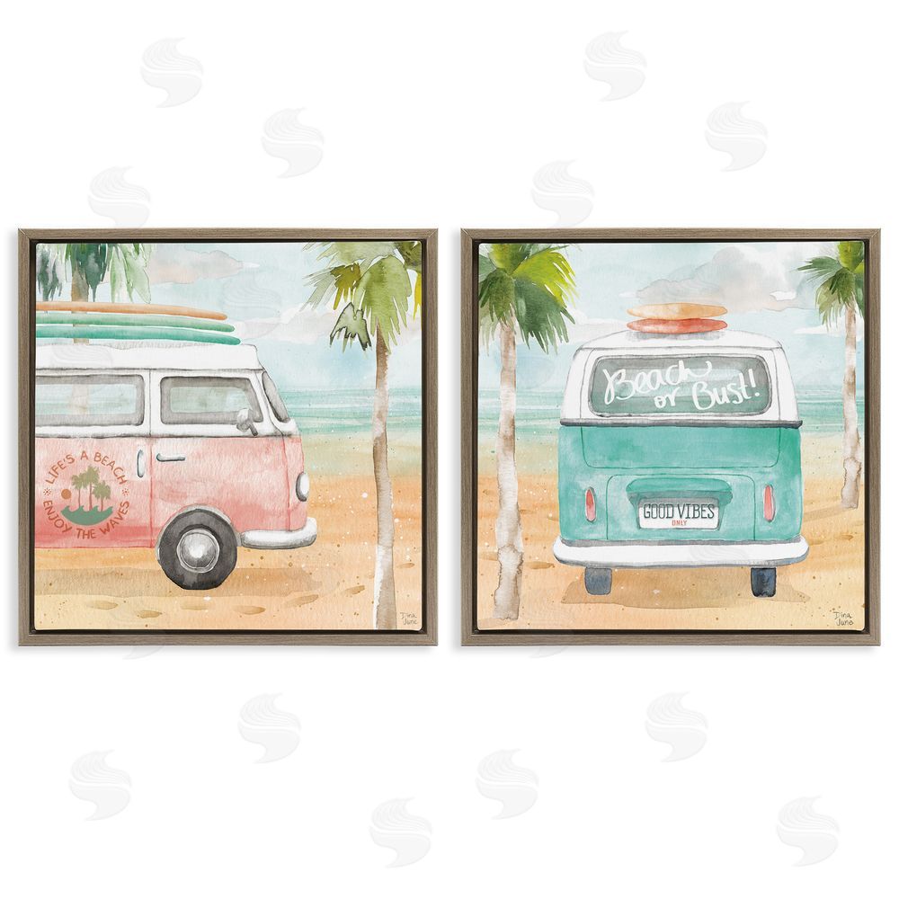 Dina June Tropical Beach Vacation Van Brown Floating Frame Canvas Wall Art Print