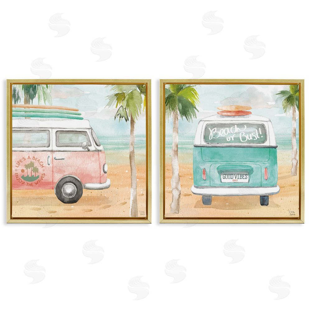 Dina June Tropical Beach Vacation Van Gold Floating Frame Canvas Wall Art Print