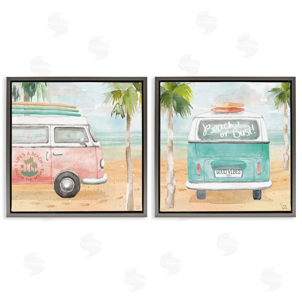 Dina June Tropical Beach Vacation Van Gray Floating Frame Canvas Wall Art Print