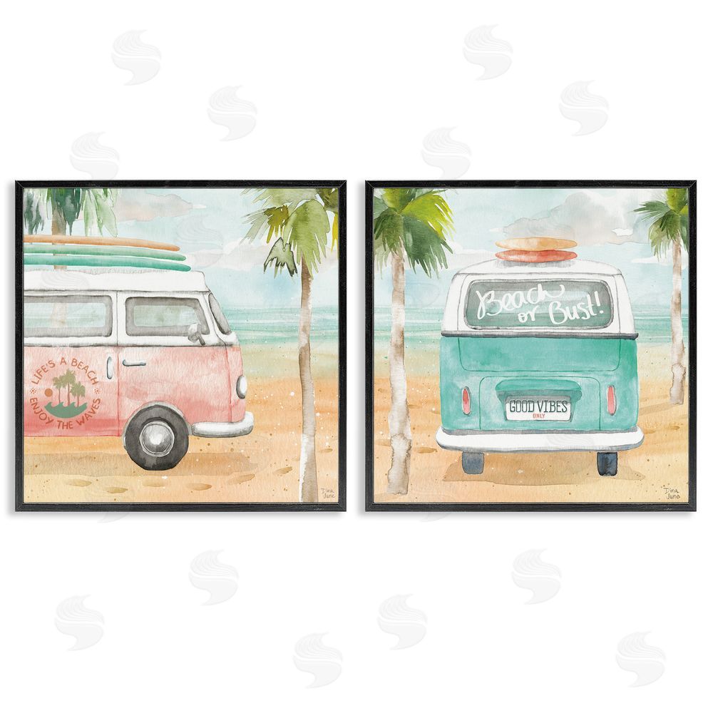 Dina June Tropical Beach Vacation Van Black Framed Giclee Wall Art Print