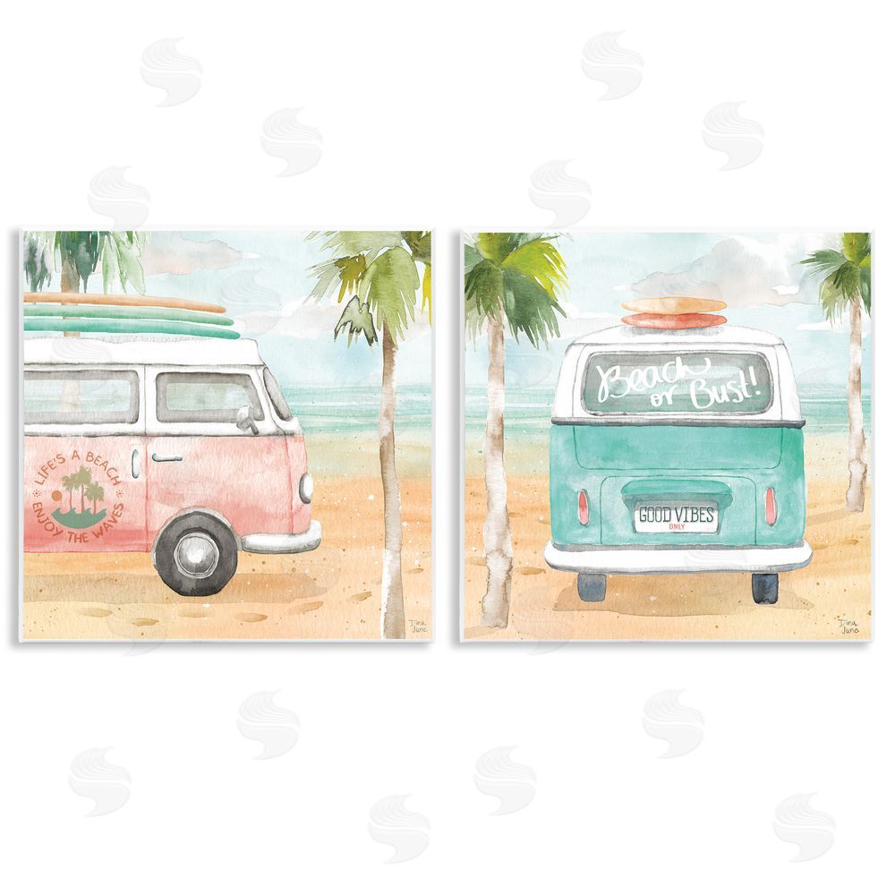 Dina June Tropical Beach Vacation Van Wooden Wall Plaque Art Print
