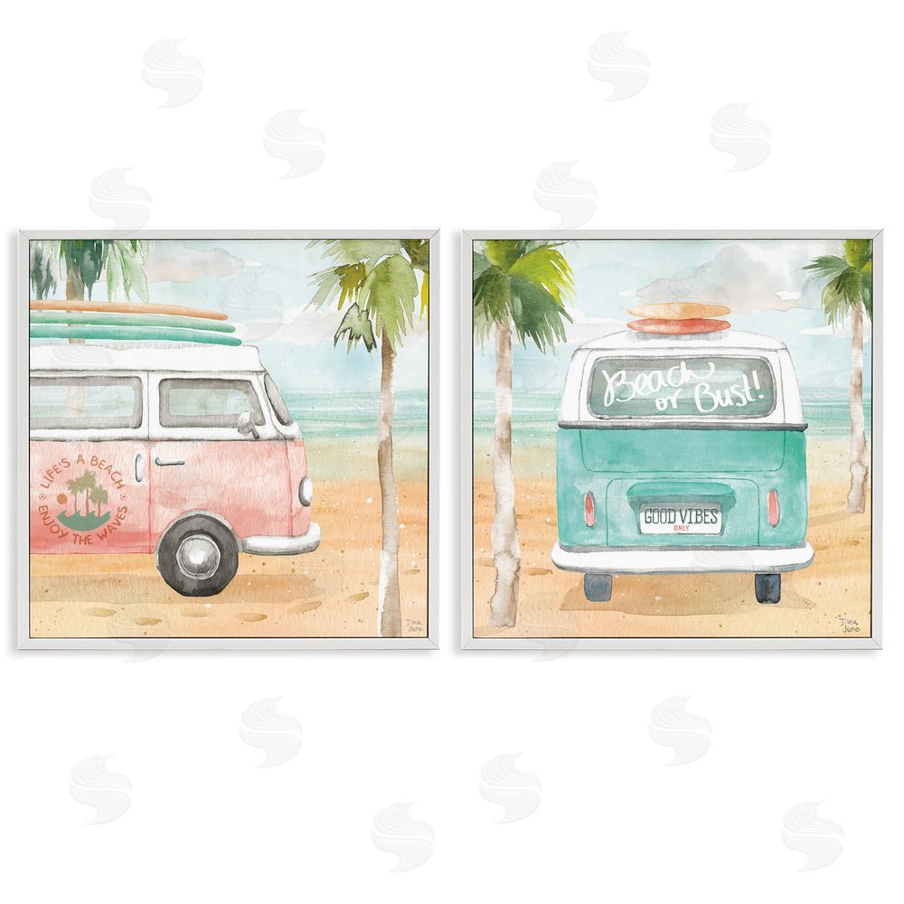 Dina June Tropical Beach Vacation Van White Framed Giclee Wall Art Print