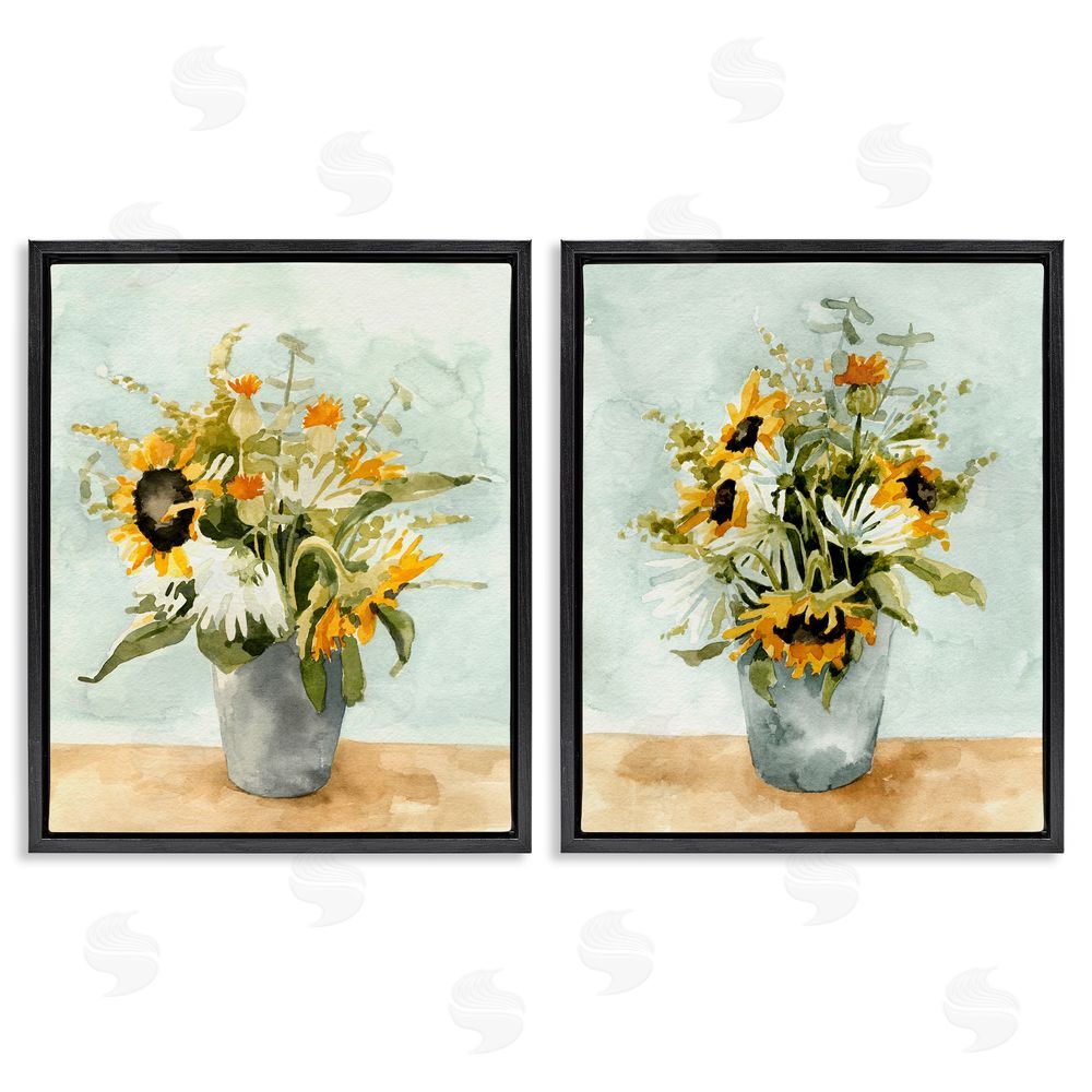 Emma Caroline Traditional Country Sunflower Bouquets Black Floating Frame Canvas Wall Art Print